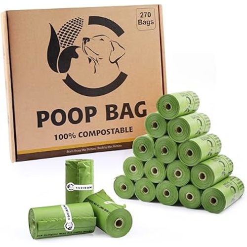 Certified Compostable Dog Poop Bags, 270 Count Landfill Friendly and Leakproof Waste Bags, Easy Open Unscented Forest Green Poop Bag for Dog, 15 Doggy Bags Per Roll (18 rolls)