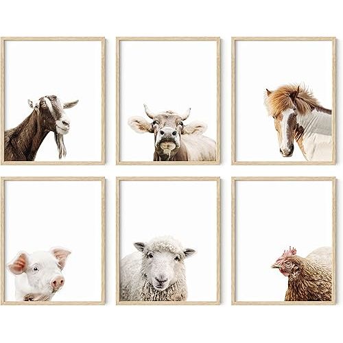 HAUS AND HUES Rustic Farm Animal Pictures - Set of 6 Farmhouse Wall Art & Country Pictures for Kitchen Walls, Farm House Decor, Horse Wall Art, Sheep Poster, Cow & Pig Pictures (Beige Frame, 8x10)