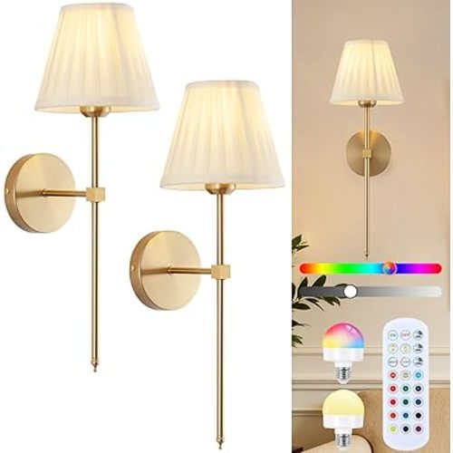 JERANDO Cordless Battery Operated Wall Sconces Set of 2, Rechargeable Wall Sconce with Remote, Fabric Shade Wireless Wall Sconce Fixtures for Bedroom, Living Room, Bedside (2 Bulbs Included)