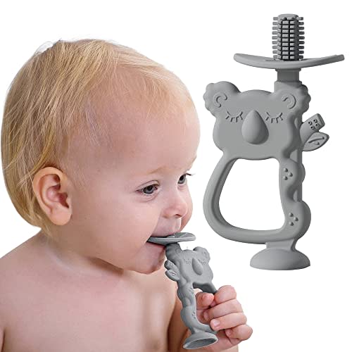 Moonkie 360° Baby Toothbrush Teether, BPA Free Silicone Suction Teething Toys for Babies (Koala Lunar Grey)