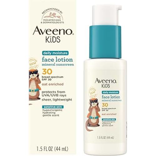 Aveeno Kids Daily Moisture Face Lotion & Mineral Sunscreen with SPF 30, Oat Enriched Face Moisturizer for Kids & Broad-Spectrum Sun Protection for Sensitive Skin, Hypoallergenic, 1.5 fl. oz