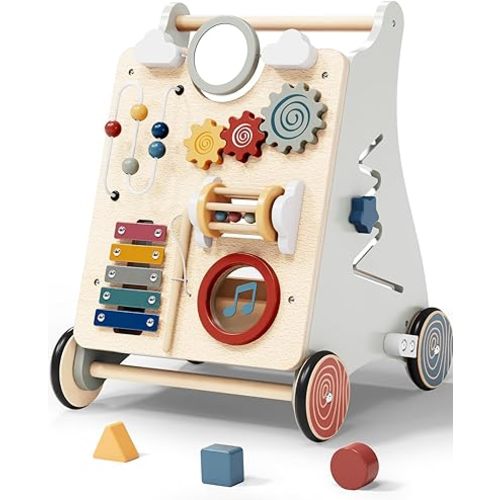 2 in 1 Wooden Baby Walker with Detachable Busy Board, Baby Push Walker with Adjustable Speed Wheels, Montessori Push Toys for Baby Boys & Girls, Walking Toys 12 Months+ Learning to Walk