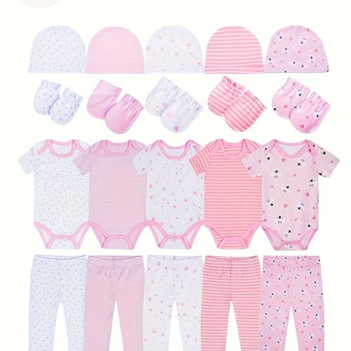 20pcs Newborn Clothing Set Made of Bamboo Fiber, Including 5 Onesies, 5 Pairs of Pants, 5 Hats, And 5 Pairs of Mittens, for Outdoor