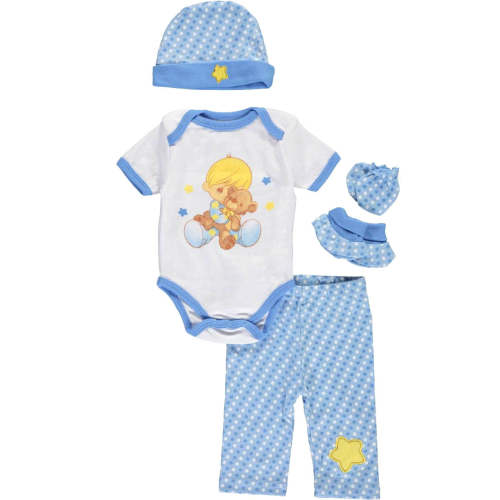 Precious Moments Baby Boy Clothing 5-Piece Blue Layette Gift Set Newborn 0-3 Months - Bodysuit Pants Hat Mitts Booties Boy Hugging a Bear Baby Shower Gift