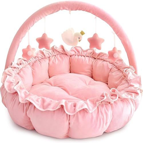 3-in-1 Baby Play Gym, Baby Play Mats for Floor, Plush and Thick Tummy Time Mat with 5 Sensory Toys for Infants, Large Babies Activity Center for Newborn Baby Shower Gift Pink, Ball Pit, Pet Cushion