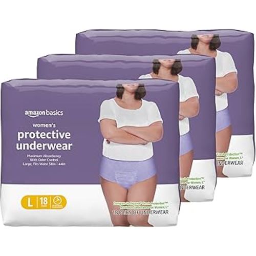 Amazon Basics Incontinence Underwear for Women, Protective, Disposable, Postpartum, Maximum Absorbency, Large, Lavender, 54 Count (3 Packs of 18)