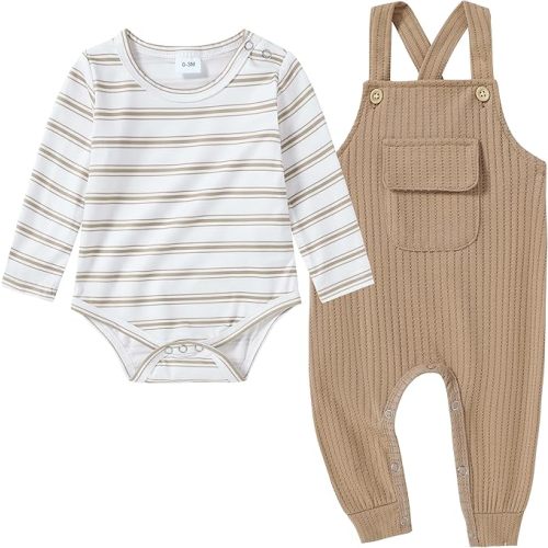 CARETOO Newborn Baby Boy Clothes Infant Boy Romper Fall Winter Outfits Bodysuit 2Pcs Striped Long Sleeve Top Overalls 0-18M