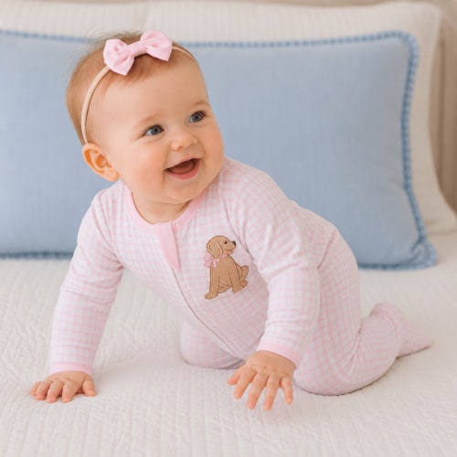 Puppy Playtime Applique Zip Footie - Pink