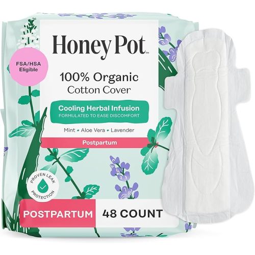The Honey Pot Company - 48ct - Herbal Postpartum Pads w/Wings - Infused w/Essential Oils for Cooling Effect, Organic Cotton Cover, & Ultra-Absorbent - Feminine Care