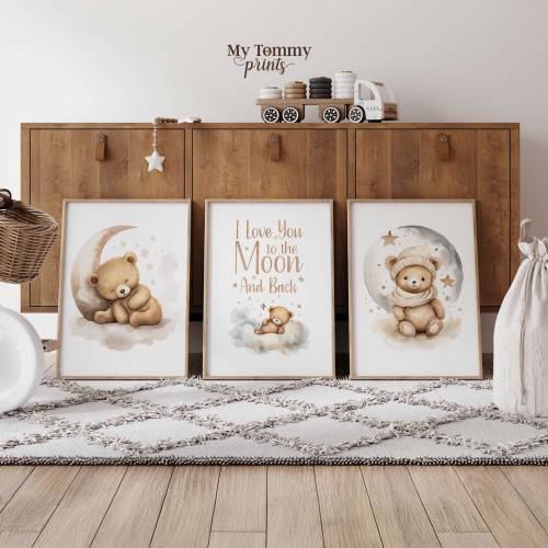 Bear Nursery Prints Set of 3 Neutral Nursery Decor, I Love You To The Moon And Back Newborn Baby Gift, Baby Shower, Kids Wall Art