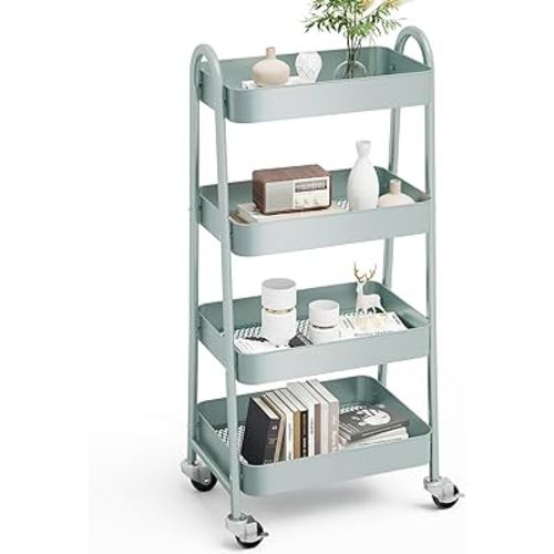 OLIXIS 4 Tier Utility Rolling Cart, Metal Mobile Storage Shelf with Lockable Caster Wheels, Organization for Livingroom, Bathroom, Kitchen, & Narrow Places, 4-Tier Green