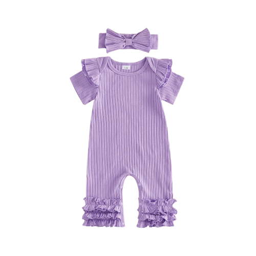 BemeyourBBs Preemie Baby Girl Spring Summer Fall Clothes Baby Girl Newborn Hospital Going Home Outfit Ribbed Romper Solid Color Ruffled Short Sleeve Full Length Jumpsuit with Bow Headband