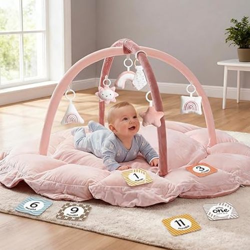 Mallify 5-in-1 Thick Plush Baby Play Gym Mat, Tummy Time Mat with 6 Sensory Toys, Baby Play Mat, Convertible Baby Gym for Stage-Based Development from Babies to Toddlers, Baby Essentials Gift, Pink