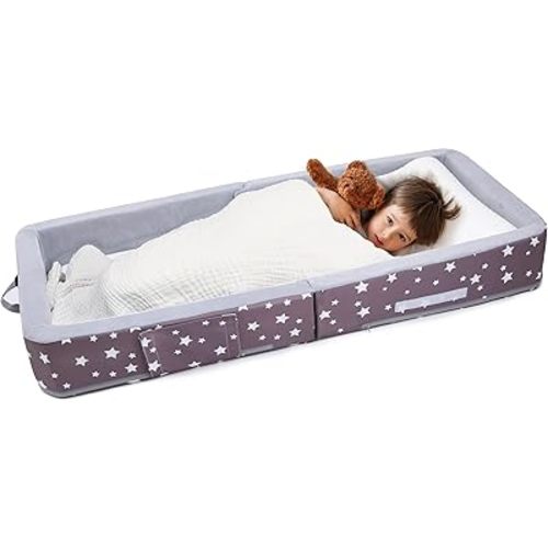 Foldable Toddler Floor Bed with Sides, Folding Toddler Bed for Travel Kid Foam (Star), Grey