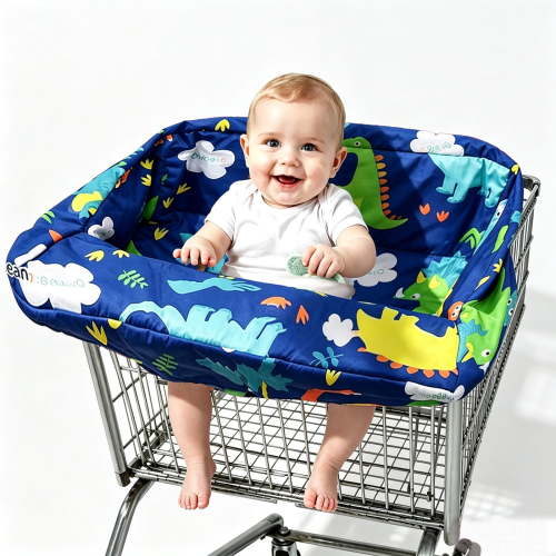 Pozico 2-in-1 Infant Shopping Cart Cover and High Chair Liner, Blue Dinosaur Pattern, Padded with Storage Pocket