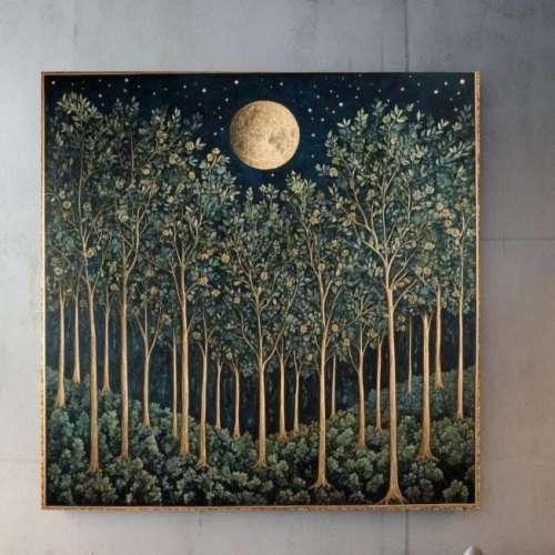 William Morris Vintage Forest Wall Art, Nature-Inspired Art, Woodland Wall Art, Full Moon Wall Art, Moon over Forest Painting