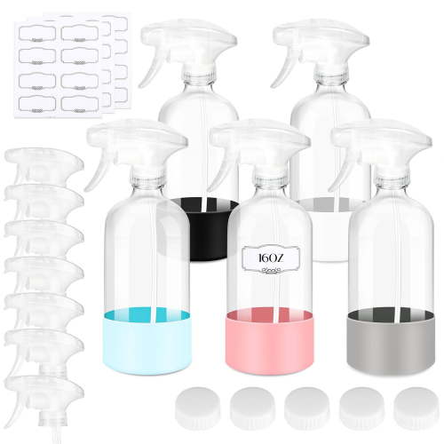 5 Pack 16oz Glass Spray Bottles with Silicone Sleeve for Cleaning & Plants