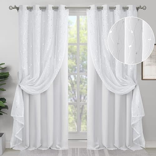 BGment White Blackout Curtains with Sheer Overlay, Double Layer Nursery Drapes Grommet Silver Printed Thermal Insulated Panels for Bedroom/Living/Kide Room, 2 Panels Each 52 x 84 Inch, Greyish White