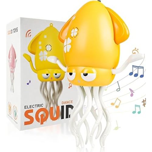 Electric Dancing Octopus Baby Toy, Dancing Squid Crawling Toys,Automatic Evasion Octopus Toy with Led Light and Music, Interactive Entertainment for Baby Sensory Development Birthday Gifts (Yellow)