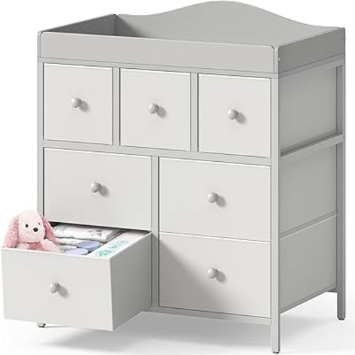 BOLUO Changing Table Dresser with Storage, Baby Dresser with Changing Table Top Diaper Changing Station with 7 Fabric Drawers for Nursery Modern