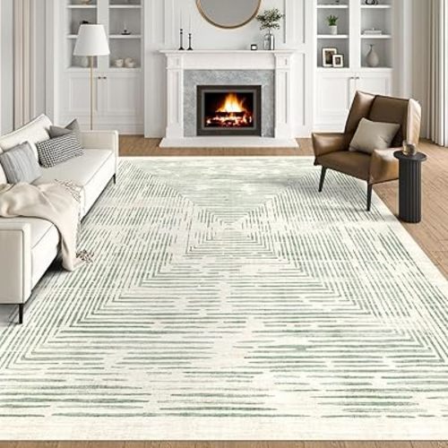 6x9 Area Rugs for Bedroom, Soft Washable Sage Green Lines Borderd Modern Abstract Throw Rug Stain Resistant Non-Slip Carpet for Living Room Dining Room Office Nursery Classroom Dorm Room Decor