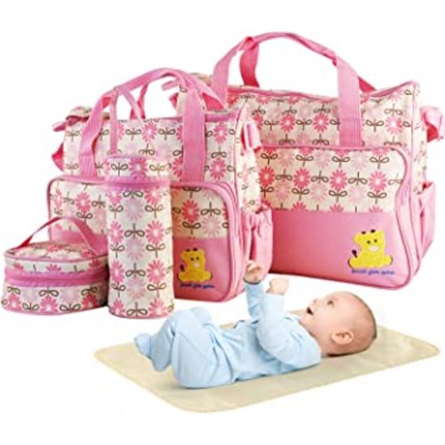 Moclever 5PCS Diaper Bag Tote Set for Baby Essentials – Large Baby Bags for Mom, Waterproof Maternity Bags with Bottle Bag, Food Bag & Changing Pad (Pink)