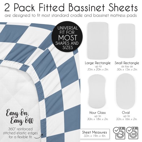 Sweet Jojo Designs Blue Gingham Checkered Plaid Boy 2 Pack Baby Bassinet Fitted Sheets - Solid Steel and Vintage Checkerboard