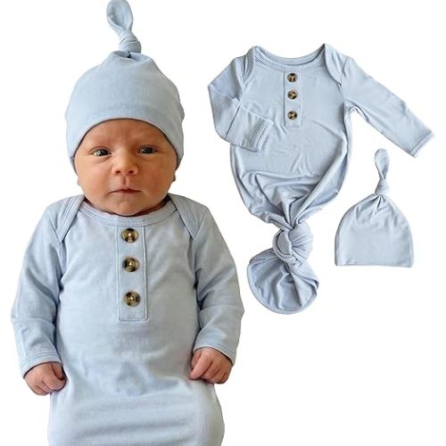 Caden Lane Newborn Knotted Gown with Hat, Soft Bamboo Viscose Baby Sack, Unisex Infant Breathable Night gown