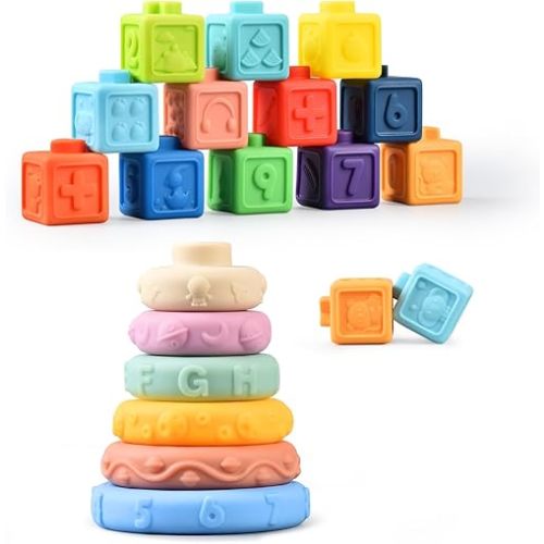 Montessori Toys for Babies 0-6 Months - Soft Stacking Building Blocks Rings Balls Sets 2 in 1 Baby Toys Educational Sensory Toys for Toddlers Learning and Teething Fun