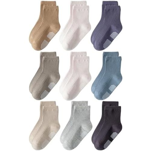 Toddler Grip Socks Non Slip Crew Socks Cute Seamless Cotton Socks for Baby Boys Girls Infants Kids 9 Pairs