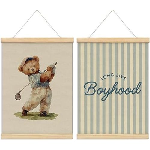 NaZaUK Vintage Golf Decor Nursery Long Live Boyhood Wall Art Poster Hanger Frame, Posters for Boys Room Nursery Playroom Decor, Teen Boys Poster Gifts for Boy Room 12x16 Inch, Set of 2