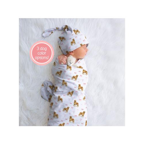 Golden Retriever Pink Bows Swaddle Blanket With Name Personalized Coquette Golden Retriever Name Blanket Custom Baby Girl Newborn Blanket