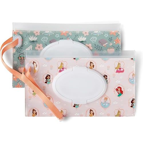 Disney Baby by J.L. Childress Reusable Wet Wipes Case Pouch - Refillable Baby Wipes Dispenser, Travel Essential for On the Go, Portable Holder with Wrist Strap - Princess, 2 Pack