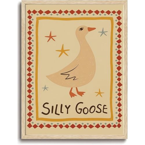 KISSFOX OAK Wood Framed Wall Art Silly Goose Wall Decor Animal Canvas Art Yellow Pictures Cute Paintings Whimsical Artwork Boho Prints For Nursery Kids Children Playroom Boys Girls