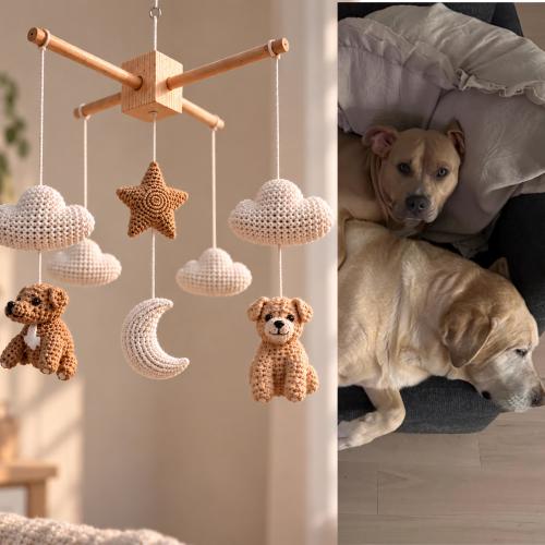 Custom Dog Baby Mobile, Crocheted Dog Cat, Puppy Nursery Decor, Crib Mobile, Nursery Mobile, Baby Shower Gift, New Mom Gift, Christmas Gift