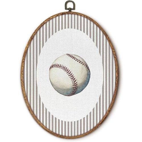 fZSZSD Vintage Baseball Nursery Oval Wall Art Decor, Sports Oval Framed Canvas Art Prints, Neutral Striped Baseball Wall Hanging Decor for Boy Nursery Bedroom Playroom Sports Room, 8.5x11.5 Inch