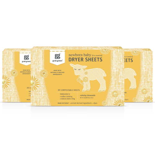 Grab Green Natural Newborn Baby Laundry Dryer Sheets-with Essential Oils, Calming Chamomile, 3 Count