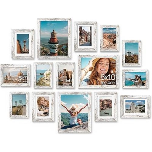 Vittanly 15 Pack Picture Frames Collage Wall Decor for Mounting or Tabletop Display, Gallery Frame Set for Family, Multi Sizes Including 3pcs 8x10, 6pcs 5x7, 6pcs 4x6, Distressed White