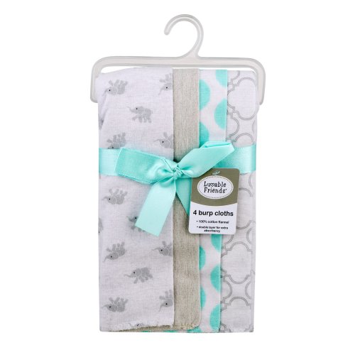 Luvable Friend Baby Boy and Girl Burp Cloths Flannel, 4-Pack - Elephants