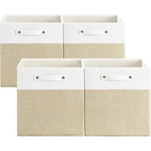 FinishingBo 13 x 13 Inch Fine Linen Storage Bins with Handles，Fabric Cube Boxs，Basket Organizers for Shelves for Home, Closet Drawers (White/Khaki-4 Pack)