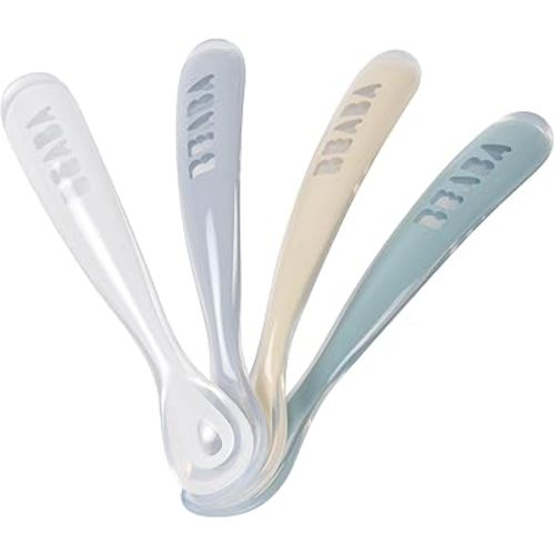 BEABA First Stage Baby Feeding Spoon Set, The Original Soft Tip Silicone Spoons for Babies, Gum Friendly BPA Lead Phthalate and Plastic Free, Great Gift Set (4 Pack), Pebble