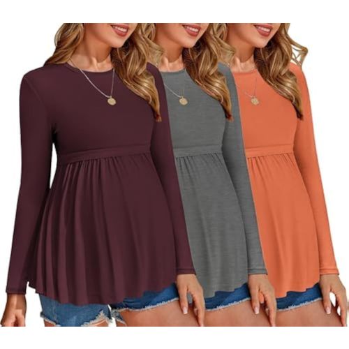 Ekouaer Maternity Shirts 3 Packs Pleated Long Sleeve Tops Tunic Casual Pregnancy Clothes