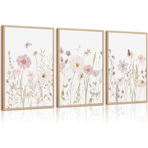 Wildflower Nursery Wall Art Pink Watercolor Floral Painting Baby Girl Nursery Canvas Wall Decor Vintage Botanical Flower Picture Boho Wildflower Prints for Bedroom 12x16x3 Inch Framed