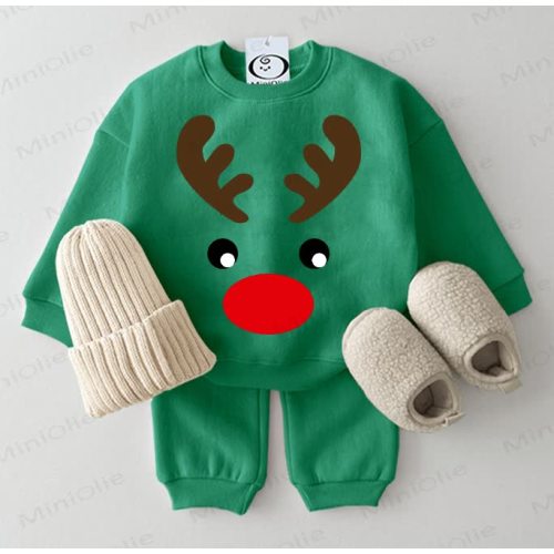 Baby Christmas Elk Face Sweatshirt 2-piece Green Set