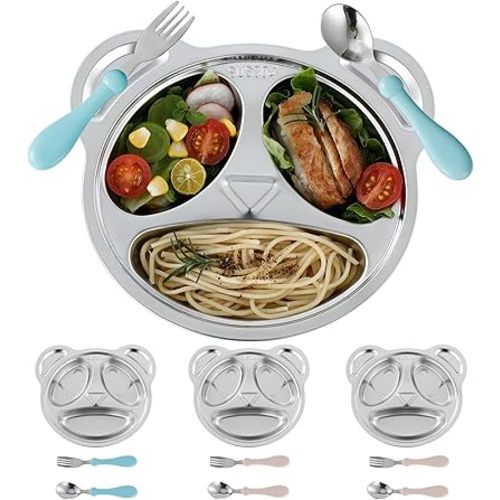 Set of 4 Stainless Steel Divided Plates and utensils for kids,3 Compartment Toddler Plate Metal Kid Dinner Tray BPA Free, Cute Panda Shape Toddlers Dishes Dinnerware Picky Eater bowls