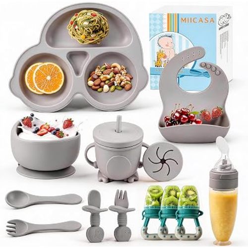 Silicone Baby Feeding Set,Miicasa Baby Led Weaning Supplies Kit With Suction Bowl & Car Plate, Bib, Spoon, Fork, Cup - Food-Grade Silicone, Dishwasher-Safe, No BPAs - For 3+ Months