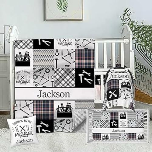 Personalized Mechanic Baby Bedding Set – Custom Name 2 Piece Set with Minky Dot Blanket & Fitted Crib Sheet – Soft Nursery Bedding for Newborns, Infants, Toddlers, Baby Boys