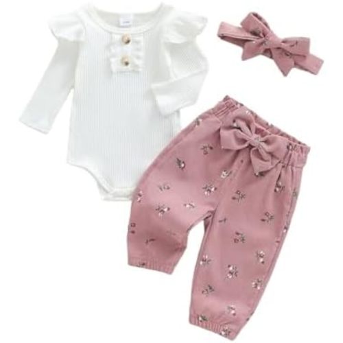 fhutpw Newborn Baby Girl Clothes Rib Frill Long Sleeve Romper Daisy Flared Pants Headband Set 3pcs Fall Winter Outfits