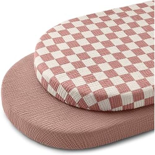 Blissful Diary Muslin Bassinet Sheets for Baby Girls Boys, Boho Soft Cotton Fitted for Oval Hourglass Rectangle Mattress, 2 Pack(Dusty Pink Checkboard & Dusty Pink)