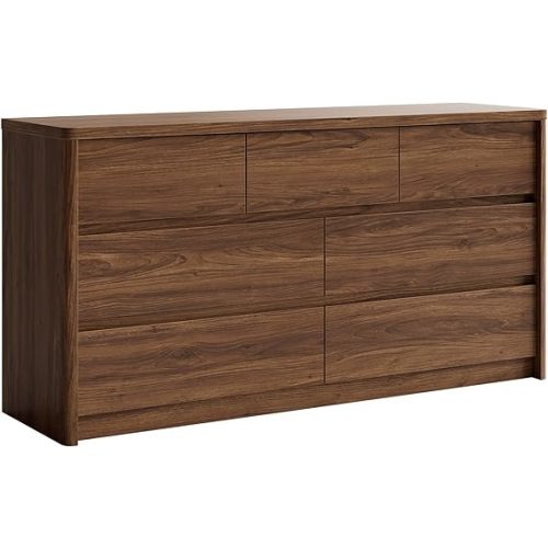7 Drawer Walnut Dresser for Bedroom, 55" Wide Modern Chest of Drawers with 7 Large Storage Space with Curved Edge Design, Large Dresser for Bedroom,Walnut